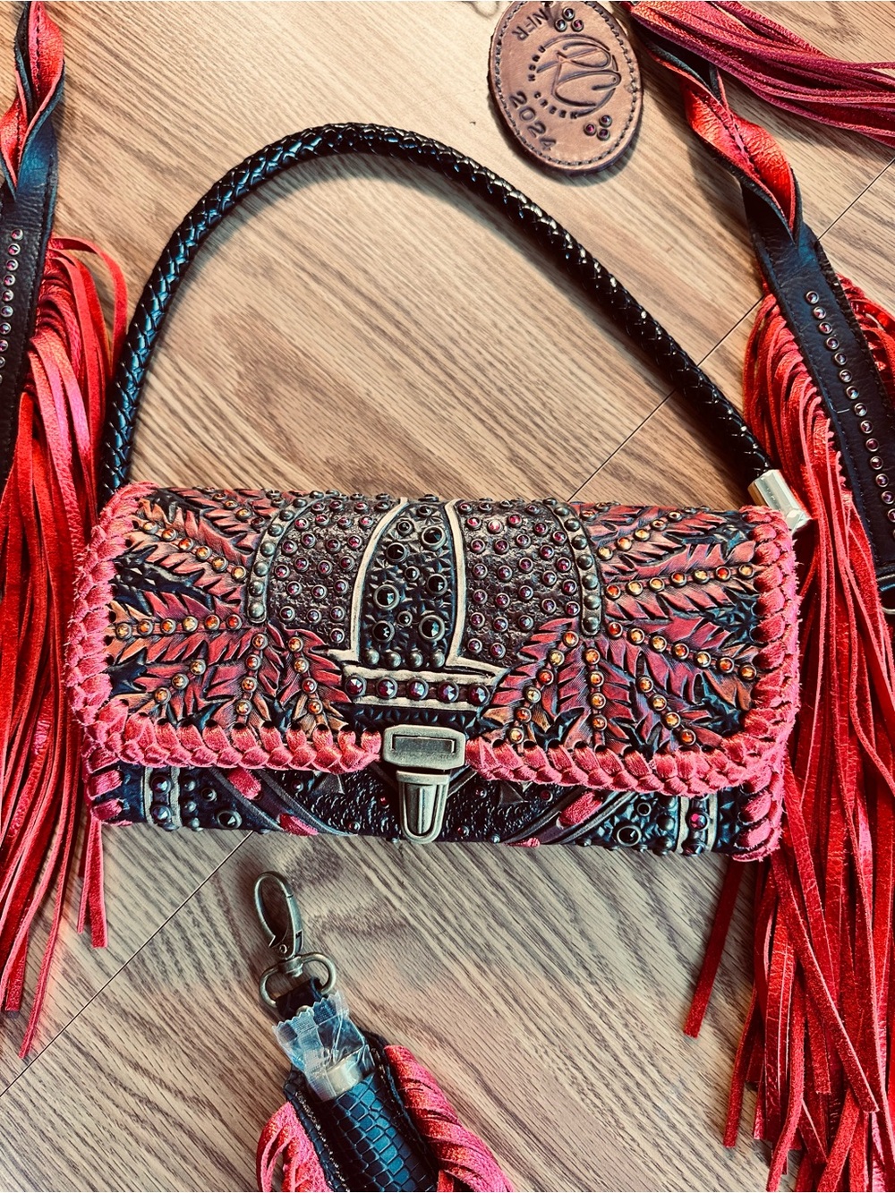 Rush Creek Sparkly Clutch, Uncarried, Tooled Leather, carry 3 ways with + straps